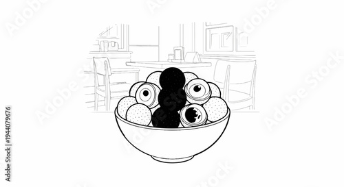 A bowl filled with eyeballs and black spheres sits on a table in a diner