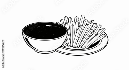 A bowl of dark dip sits beside a pile of french fries on a plate