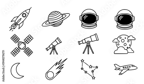 Outer Space Exploration and Astronomy Science Vector Icon Set