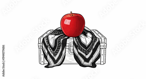 A bright red apple rests atop a treasure chest covered with a patterned scarf