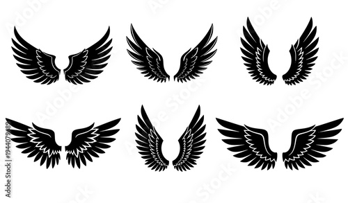 Stylized Black Angel Wings Silhouette Vector Design Set