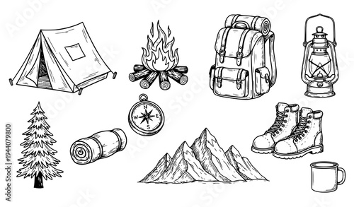 Hand Drawn Outdoor Camping Doodle Vector Icon Set