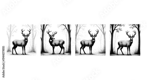 Four majestic stags stand in a minimalist forest scene with stippled trees and ground