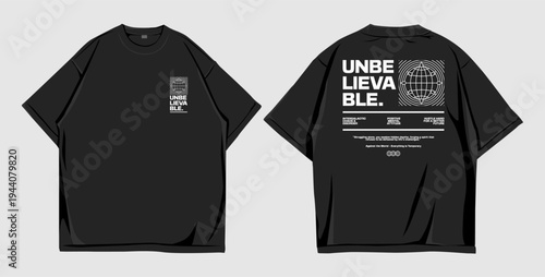 Black T Shirt Mockup with Unbelievable Typography Graphic, Front and Back Streetwear Apparel Design Template
