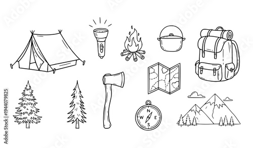 Sketch Style Outdoor Camping and Adventure Hand Drawn Icons