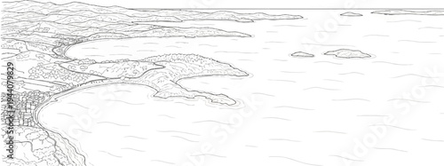 A hand-drawn sketch depicts a coastal town nestled against rolling hills overlooking a vast body of water