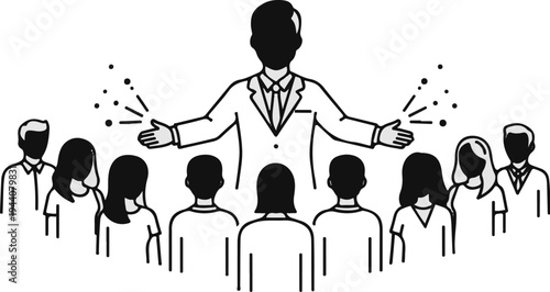 A speaker addresses a diverse audience with open arms, symbolizing connection and engagement