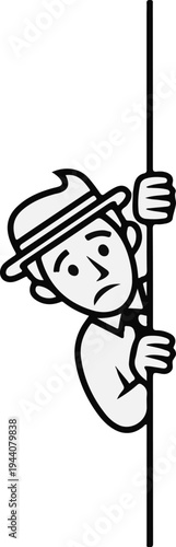 A cartoon man in a hat peeks around a vertical line with a worried expression
