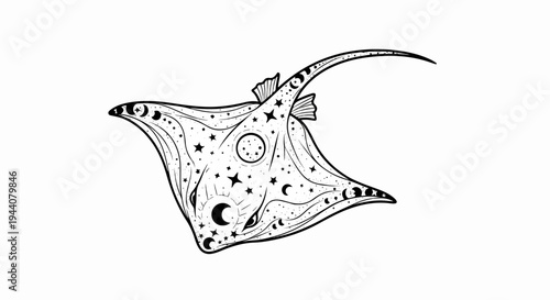 A celestial manta ray with moon and star patterns swims through the cosmic ocean