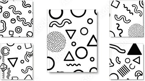 Abstract black and white shapes on white backgrounds, various arrangements of lines