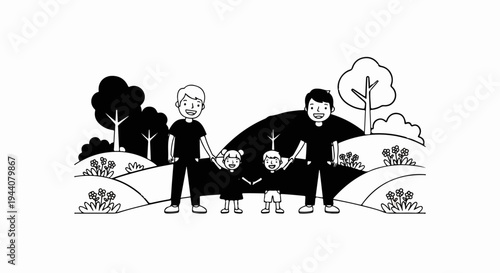 A happy family of four enjoys a sunny day outdoors amidst rolling hills and blooming flowers