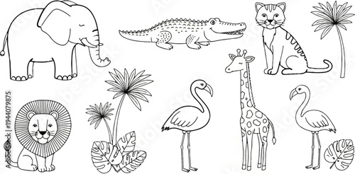 A charming collection of safari animals and tropical plants in a playful, outlined style