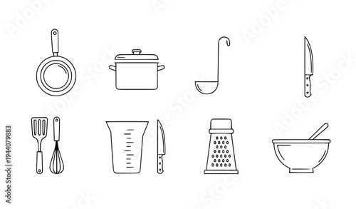 Minimal Kitchen Cooking Utensil Vector Icon Collection
