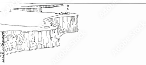 A lighthouse stands on a cliff overlooking the ocean, with layered cliffs in the distance