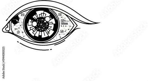 Abstract cybernetic eye with intricate circuits and nodes, representing data flow