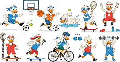 Cute Duck Sports Activity Character Set Featuring Cartoon Ducks Playing Soccer, Basketball, Tennis, Swimming, Skateboarding, Cycling, Running and Gym Workout in Flat Vector Style