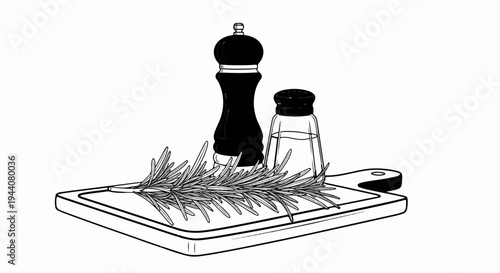 A sprig of rosemary rests on a cutting board next to a pepper mill and salt shaker
