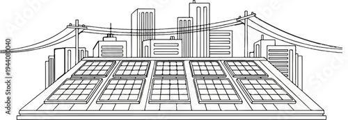 A cityscape with solar panels installed on a rooftop, overlooking buildings and power lines