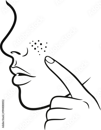 A close-up line drawing of a face, with a finger pointing at blackheads on the nose