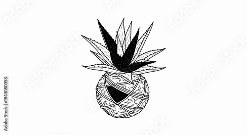 Abstract fusion of aloe vera and a pineapple, intertwined with textured lines