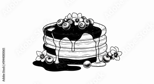 A stack of pancakes drizzled with dark syrup, topped with blueberries and flowers