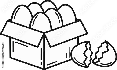 A line drawing depicts a carton of eggs with one broken egg