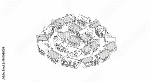 A cluster of detached houses drawn in a sketchy, black and white style
