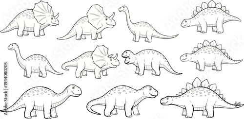 A collection of black and white illustrations of various cartoon dinosaurs