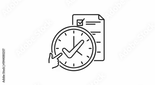 A line-art icon depicts a clock with a checkmark, a document, and a pointing finger