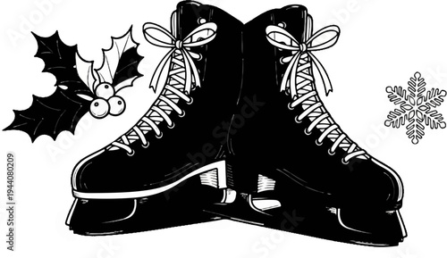 Black ice skates with festive holly and snowflake accents