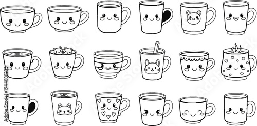 A collection of charming, hand-drawn cups and mugs with adorable faces