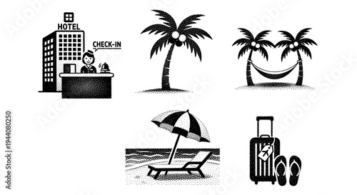 Hotel check-in and tropical vacation icons with palm trees, beach, and luggage
