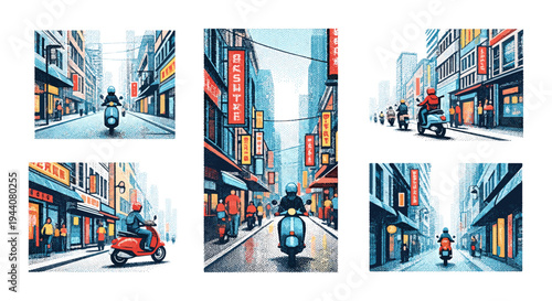 Scooter riders navigate a bustling city street with vibrant Asian-inspired signage