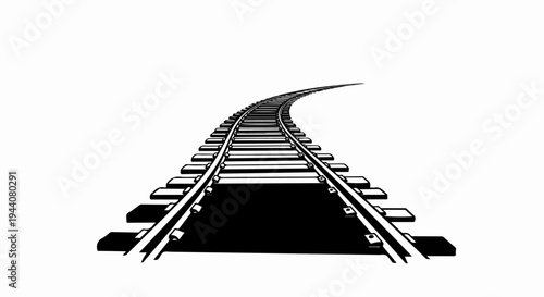A stark black and white illustration of a curved railway track stretching into the distance