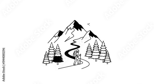 A lone hiker with a backpack ascends a winding path through pine trees towards snow-capped mountains