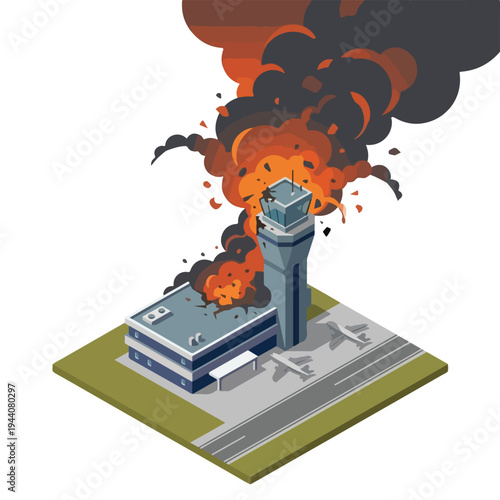 isometric vector flat of an airport damaged by fire from a missile attack 009