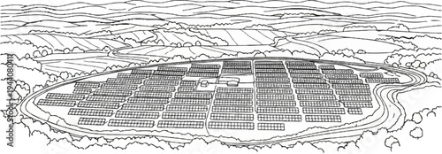 Aerial view of a sprawling solar panel farm nestled within rolling hills and a winding road