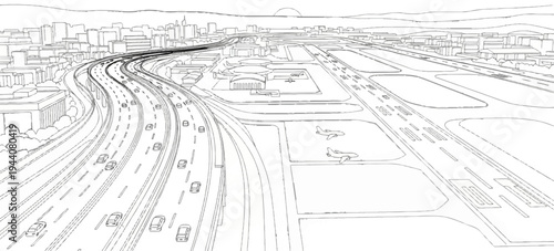 Aerial view of a city interchange merging with airport runways and planes
