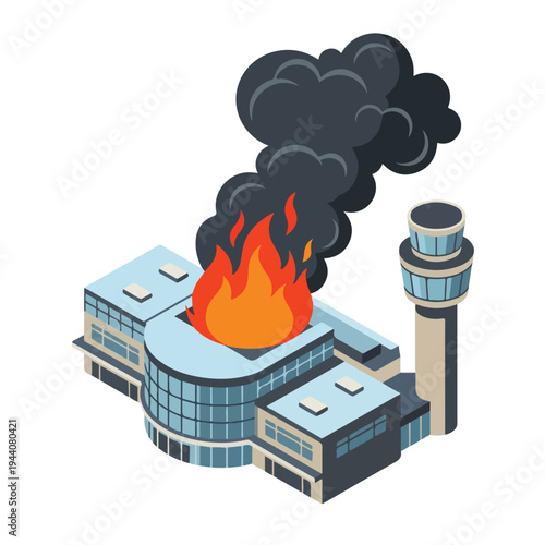 isometric vector flat of an airport damaged by fire from a missile attack 08