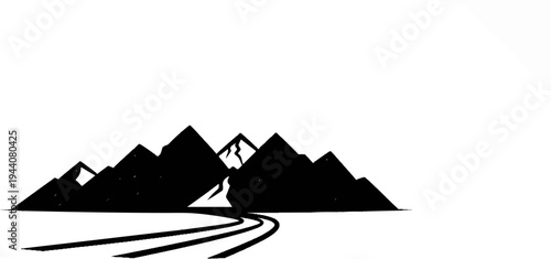 A minimalist black and white illustration of a winding road leading to jagged mountains