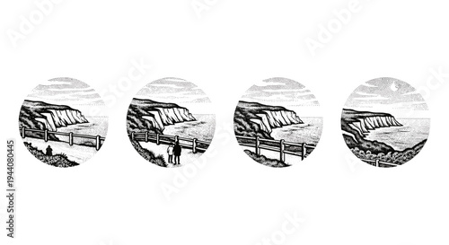 Four circular illustrations of a scenic coastal cliff path with people enjoying the view