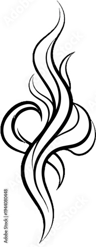 An abstract black and white design of flowing, curved lines creating a symmetrical, stylized flame shape