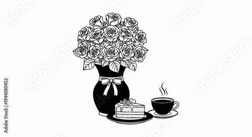 A still life drawing of a vase of roses, a slice of cake, and a cup of coffee