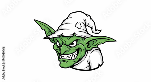 A mischievous green goblin with pointed ears and a white hat grins widely