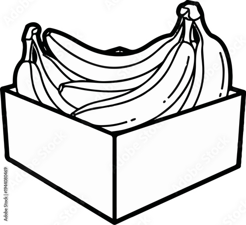 A still life illustration of a bunch of bananas in a simple box