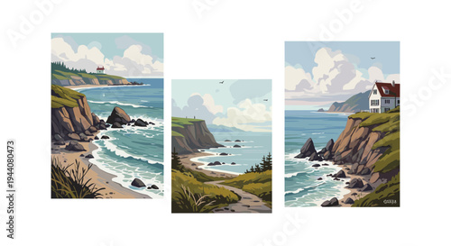 Coastal landscape with houses on cliffs overlooking the ocean and waves crashing on shore