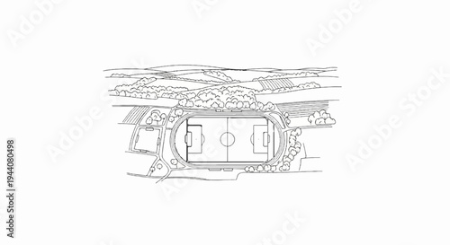 An aerial perspective drawing of a sports complex nestled within rolling hills and greenery