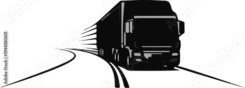 A dark semi-trailer truck travels swiftly down a winding road, leaving a trail of speed lines