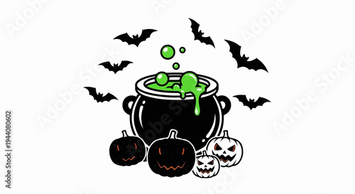 Bubbling green potion in a cauldron surrounded by pumpkins and bats