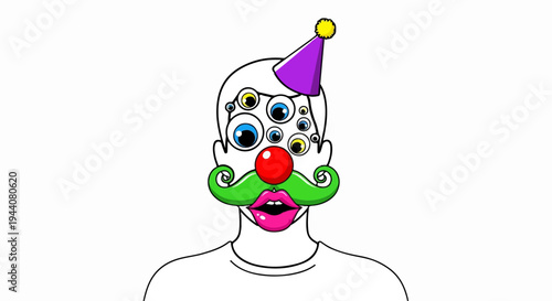 A stylized, anthropomorphic figure with multiple eyes and clown features